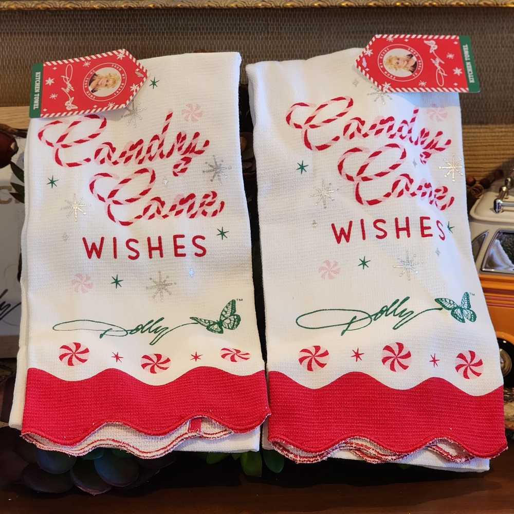 Dolly Parton 2 Candy Cane Wishes Holiday Towels - Red and White